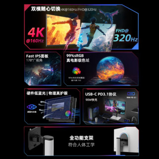 4K@160Hz/FHD@320Hz、Type-c 90W：KTC 27英寸双模 Fast-IPS 电竞显示器 H27P6 上架，首发低至1599元