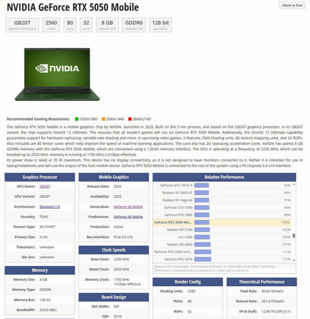 网传丨NVIDIA RTX 5050 游戏本显卡现身，搭 8GB GDDR6 显存