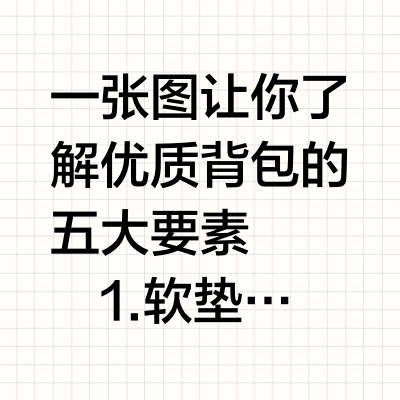 一张图让你了解优质背包的五大要素
	
1. 软垫：舒适的背部支撑，如沐春风。
2. 胸带与腰带：稳固人体工学设计，轻松应对崎岖山路。
3. 透气网：保持背部干爽，不畏长途跋涉。
4. 防水功能：无惧风