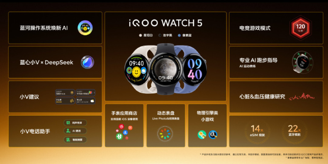 iQOO 发布 WATCH 5 手表,蓝心小V+DeepSeek,电竞游戏模式、可选 eSIM 版本