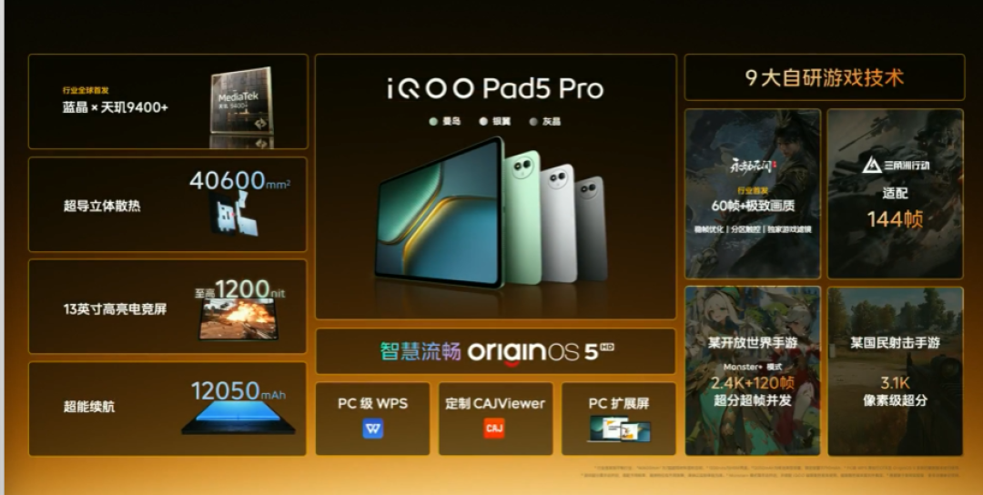 国补后2719.15元起！首款天玑9400+平板iQOO Pad5 Pro发布