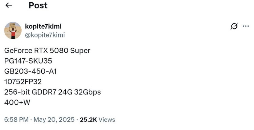 网传丨NVIDIA 将发布 RTX 5080 SUPER，核心不变、升级显存