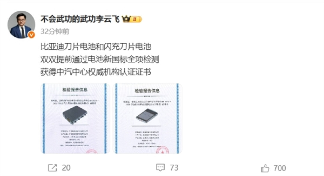 不起火、不爆炸!比亚迪:刀片电池和闪充刀片电池提前通过2025新国标全项检测