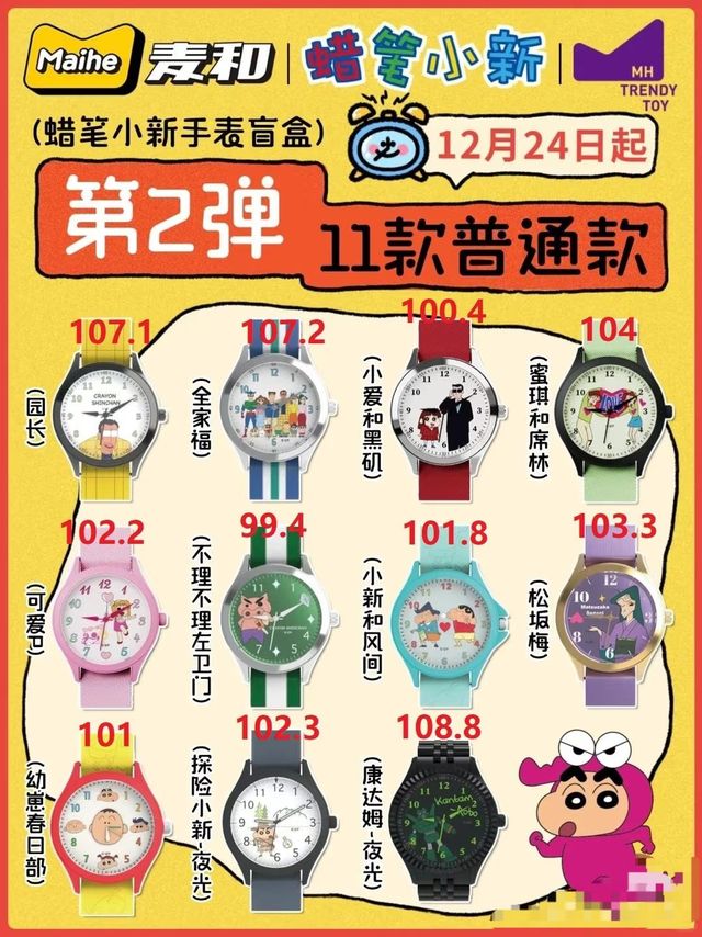 蜡笔小新手表盲盒称重攻略，第2弹整盒图鉴