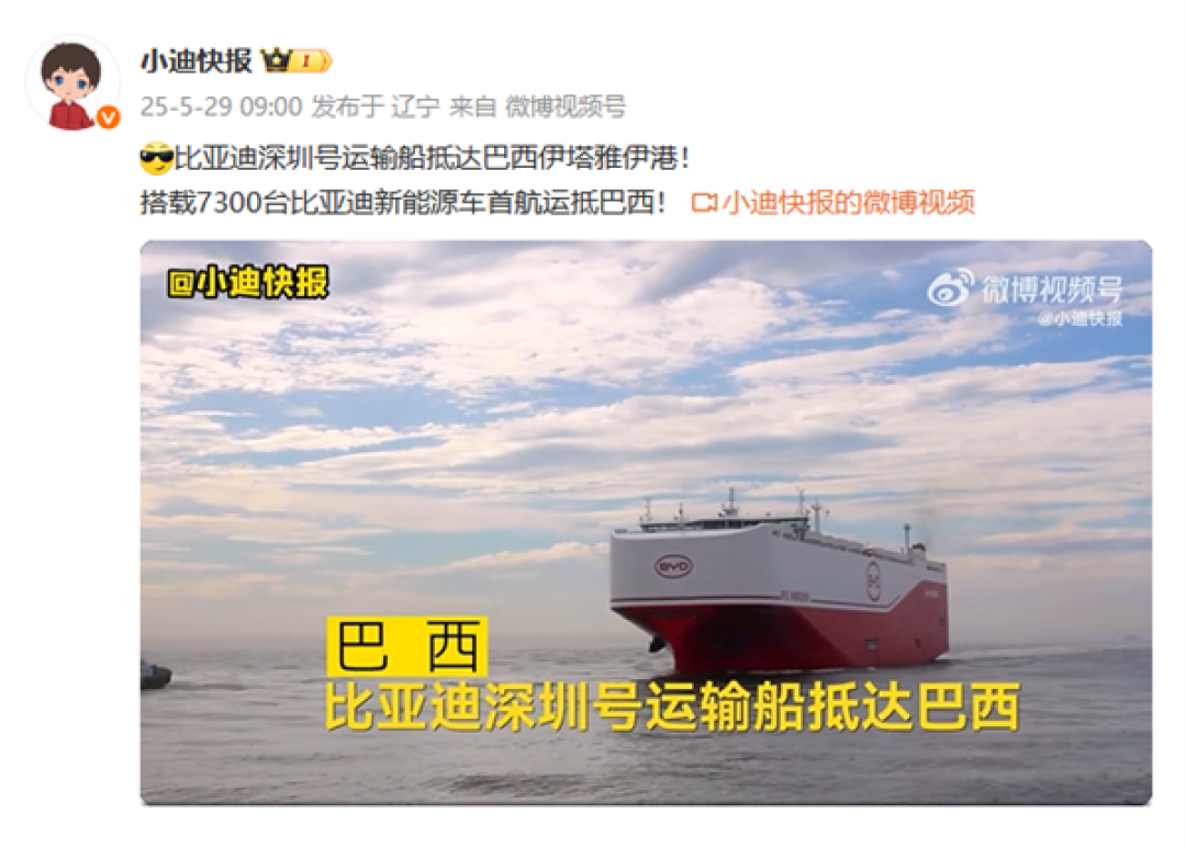 全球最大汽车运输船！比亚迪“深圳号”搭载7300台新车抵达巴西