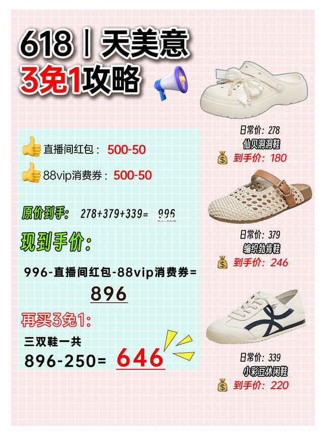 天美意女鞋618无脑抄作业！三免一划算哭