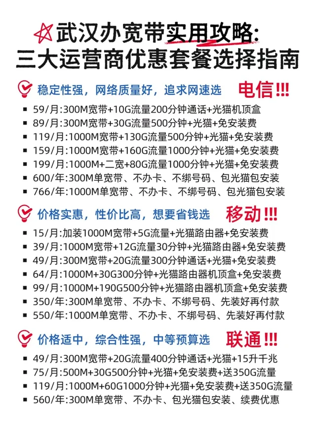 武汉宽带选择实用经验🌟三大运营商大对比
