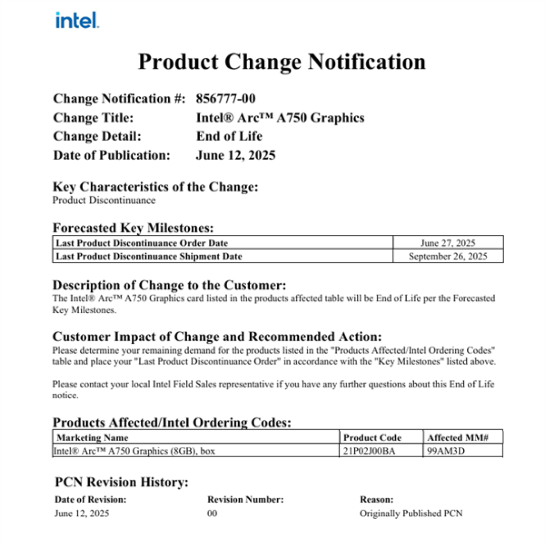 Intel锐炫A750和A770独显停产!多款移动端产品也在列