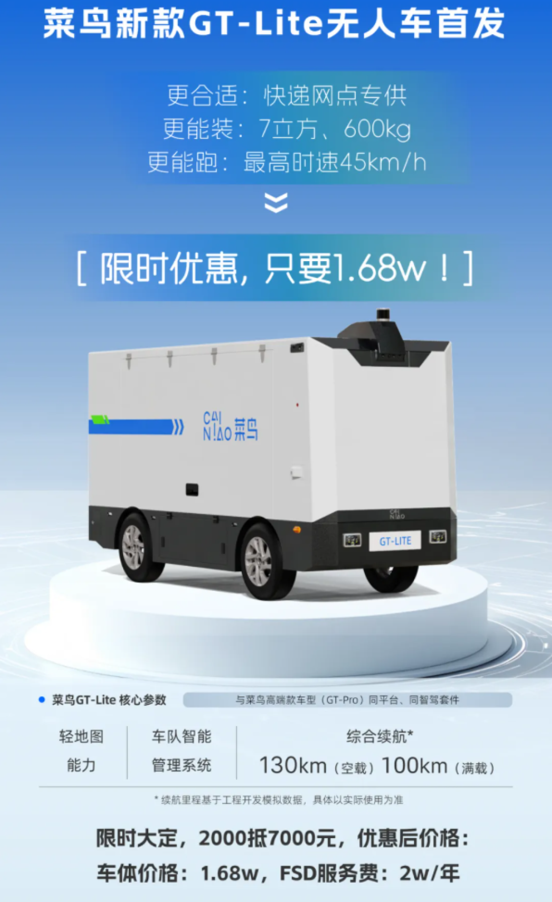 自行车的价格买无人车!菜鸟平价款快递无人车上线预售:1.68万