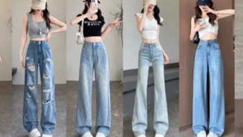 女生短上衣与高腰阔腿牛仔裤搭配