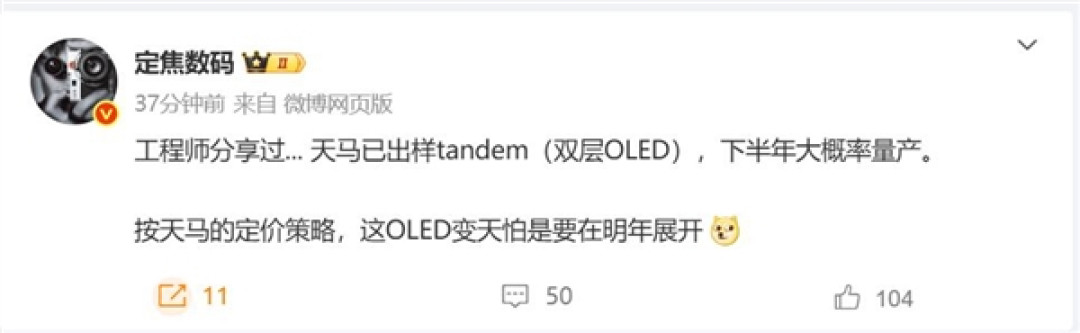 天马出样双层OLED 博主：明年OLED市场要变天