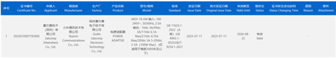 小米首个100W手机充电器入网 小米16系列要用