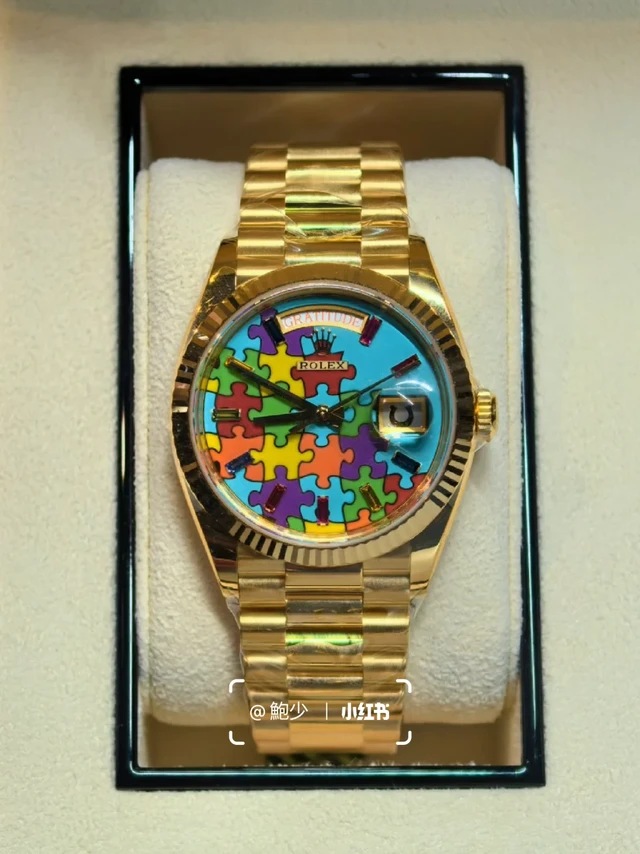ROLEX 勞力士- DAY-DATE 36 蠔式恆動 星期日曆型 Puzzle 拼圖🧩
18k 黃金錶殼（36mm)/元首型錶帶,琺瑯拼圖錶盤, 勞力士3255型 自動上鏈機芯(動力儲存70小時），