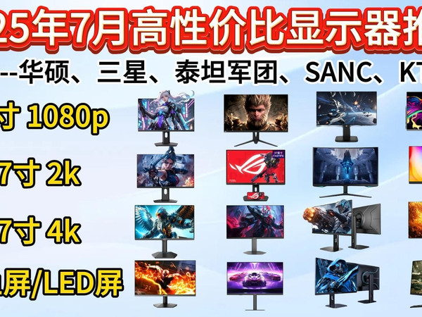 2025年7月高性价比显示器选购指南！24英寸、27英寸、32英寸、1080P、2k、4k显示器选购指南！办公学习、游戏设计全满足