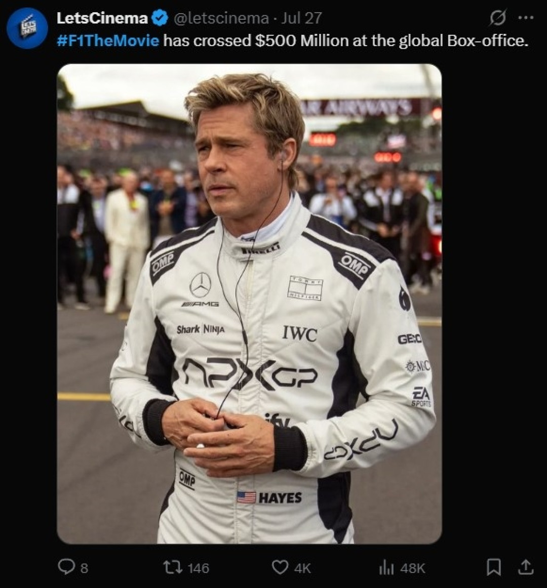《F1:极速狂飙》全球票房突破五亿美元