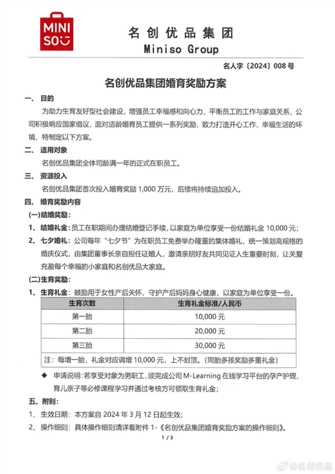 名创优品投入1000万支持婚育:一胎奖1万二胎2万 上不封顶
