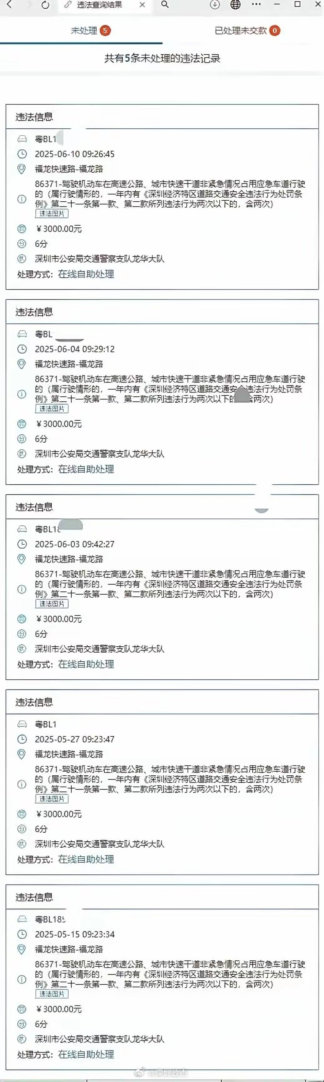 有司机在深圳20多天走5次应急车道:记30分 罚款15000元