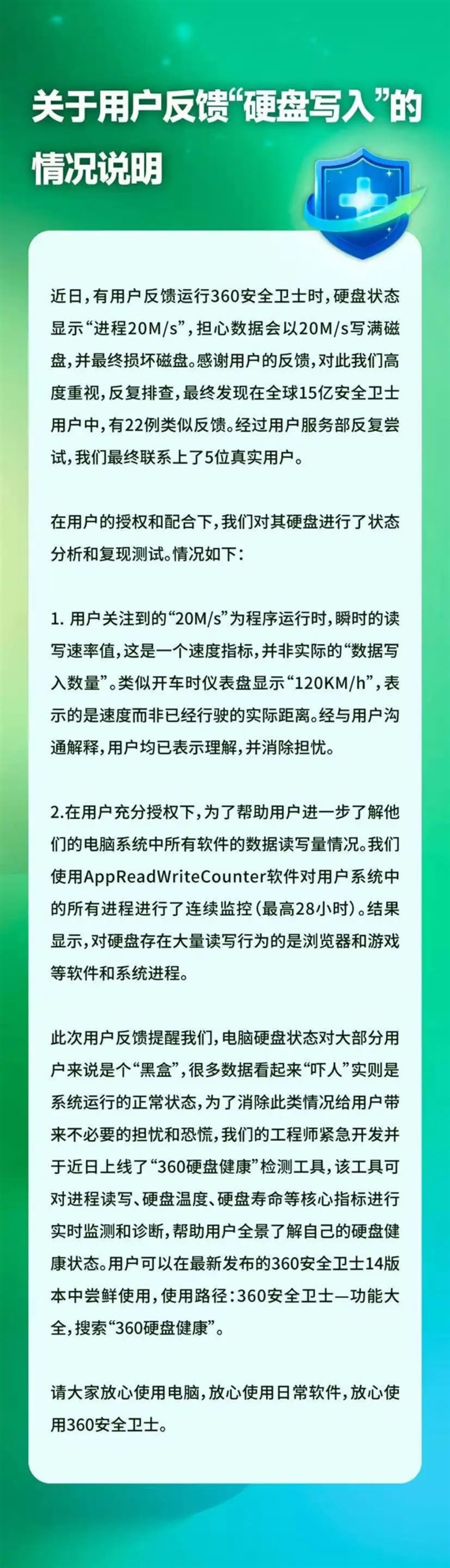 运行360安全卫士硬盘状态显示进程20M/s 官方回应:放心用