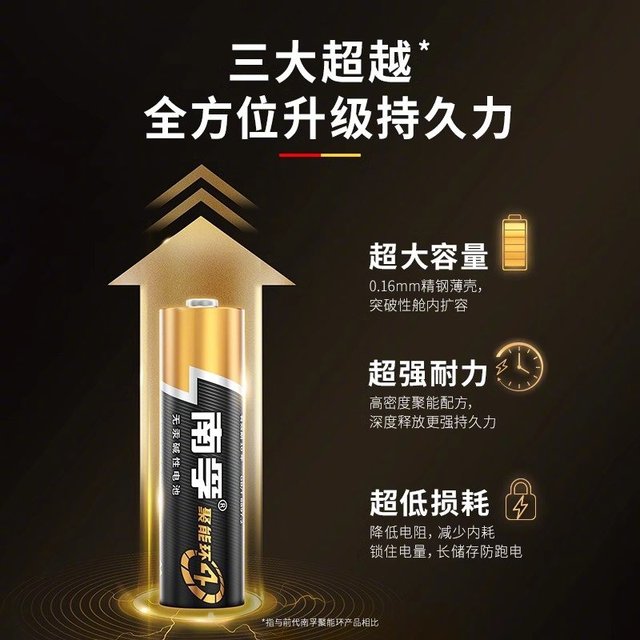 南孚7号和5号电池。15粒到手29.9元，25粒39.9元！推荐买25粒的，更划算，比旗舰店便宜十多块，性价比很高。南孚电池是我们熟悉度最高的电池之一，耐用性有目共睹。这款电池是南孚聚能环4代，比升级