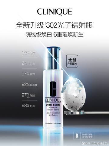 黑色素防不胜防？痘印、色斑、暗沉、粗糙等肌肤问题不断？全面「反黑」一瓶就够，和倩碧一起开启六边形美白模式！🌟外防内修 超光嫩白#全新「302光子镭射瓶」，专研302褪黑科技，院线级焕白，6重璀璨新生。