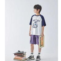 蓝汽水儿童夏季全棉针织撞色插肩短袖 T 恤趣味小狗印花卡通