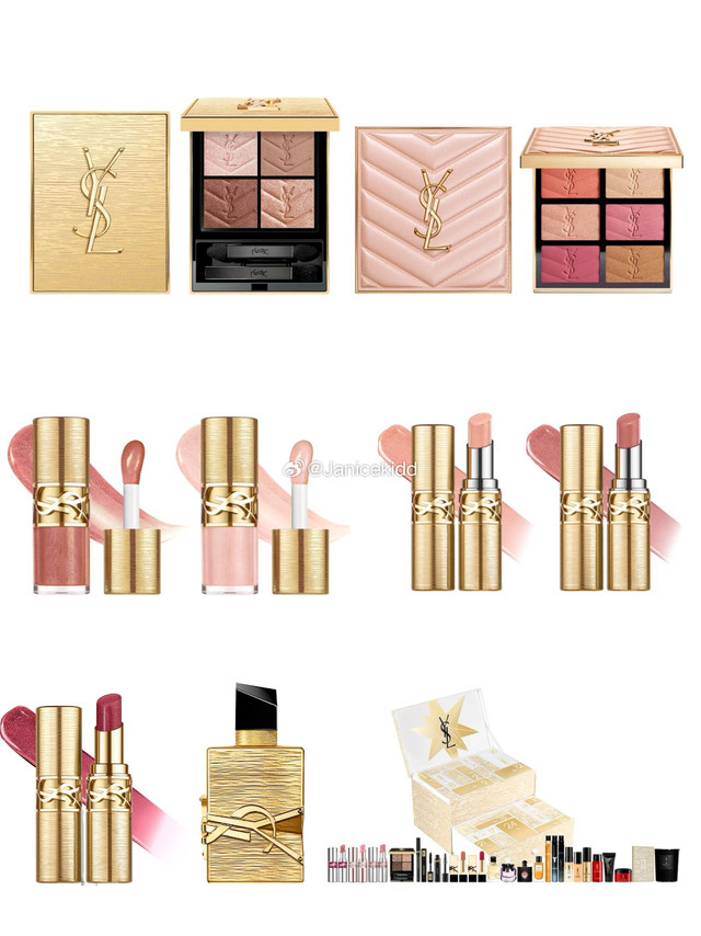 新品✨✨✨YSL 2025圣诞全系列预览✨四色眼影盘 No.025 GOLDEN LUST【闪片】闪耀华丽的玫瑰香槟金 在透明感十足的底色上，粉色与金色为基调的神秘双色调亮片色，带来如珠宝般华丽的光辉