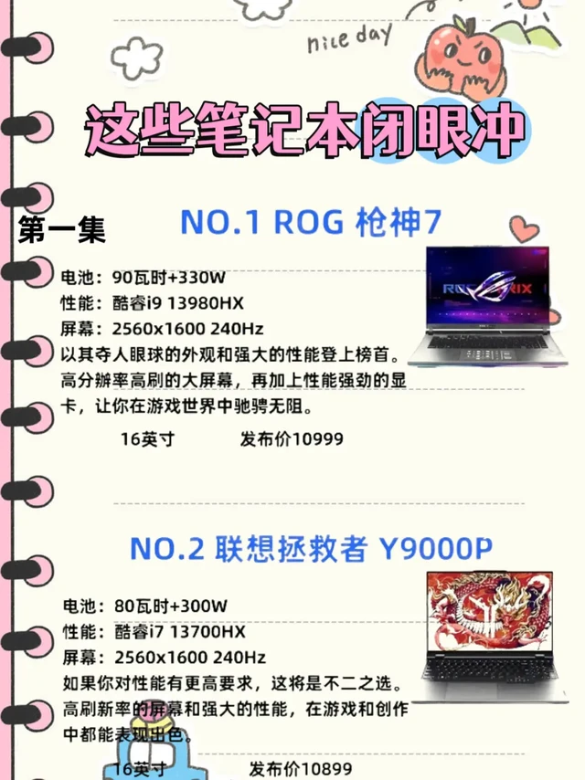 ;;;;游戏本闭眼入清单！这 4 款性能炸裂💥
学生党、游戏党看过来！整理 4 款闭眼冲的笔记本，性能、屏幕全在线👇
🔥ROG 枪神 7
i9 13980HX+330W 性能释放，2.5K 240Hz
