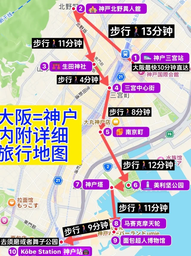 大阪=神户一日Citywalk攻略。➡️嫌标记麻烦，可直接复制图1路线到地图上，方法看图2，可以跟着地图实时定位打卡，不怕走错路 
➡️神户景点旅行地图，看图3，截图来于「十六番APP」，不想太费时间