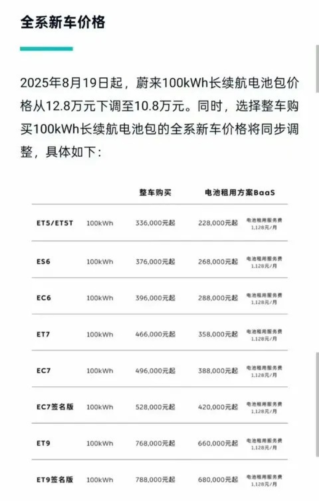 蔚来调整100度电池包价格及服务政策