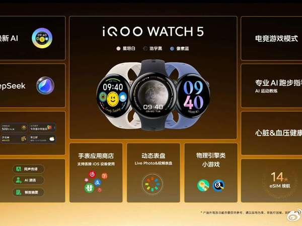 【#iQOO WATCH 5# 一图看懂】①蓝心小V:接入满血版DeepSeek,查资料、创建任务抬腕就行;②小V电话助手:智能摘要、小V同声传译、AI通话;③小V建议:生日、天气等多类别贴心提醒;④