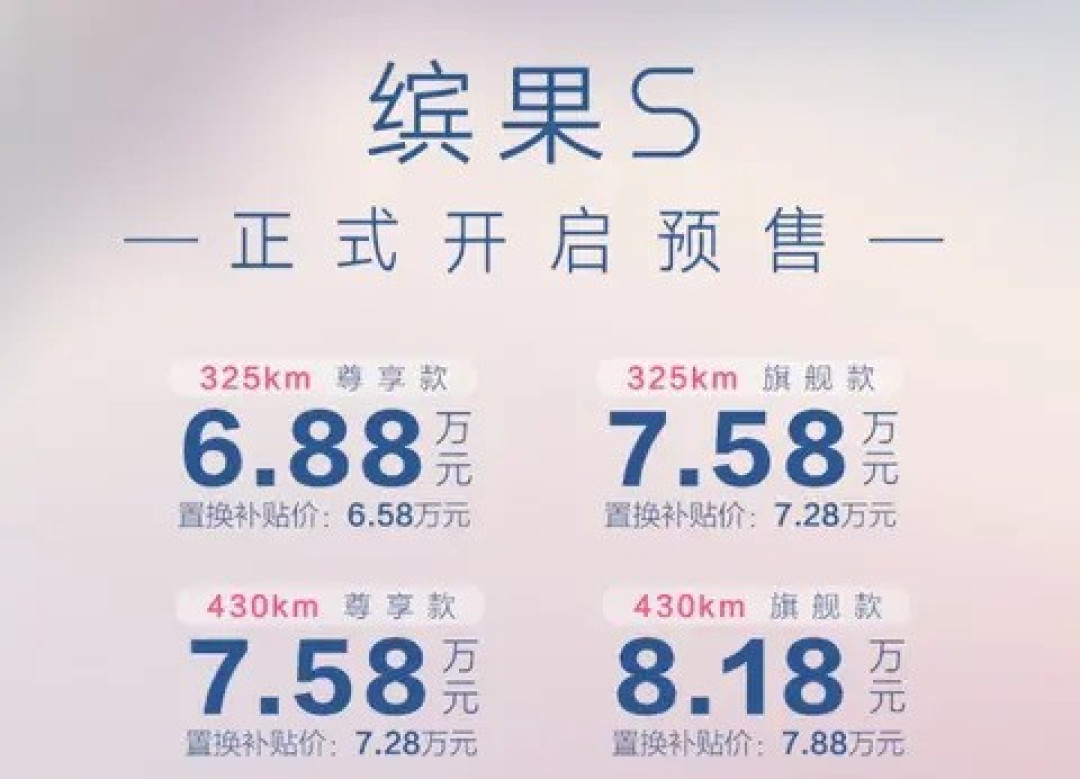 五菱缤果S预售开启:四款配置,6.88万起,纯电新选择