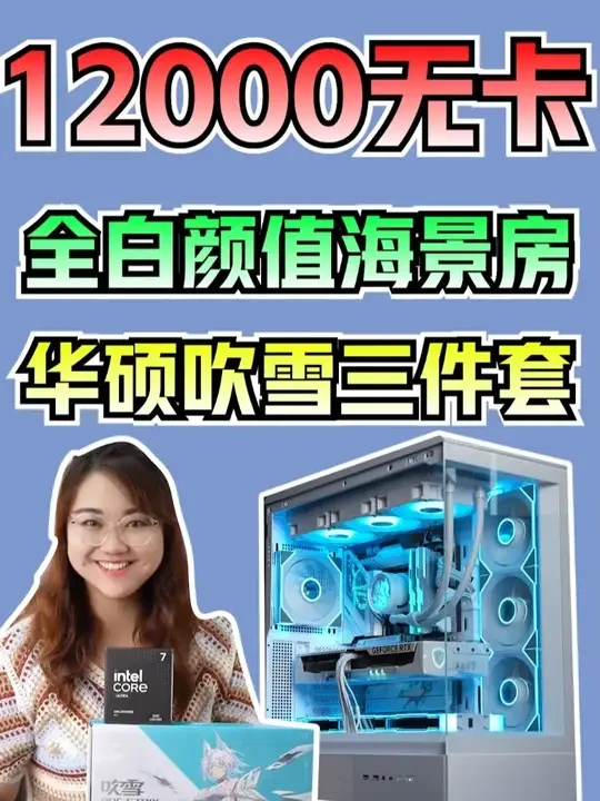 12000的无卡全白海景房整机，华硕吹雪三件套，颜值高高的 配置清单
CPU：Intel Ultra7 265K
主板：华硕Z890-A WIFI 大吹雪
散热：华硕ROG吹雪三代360水冷
固态：致