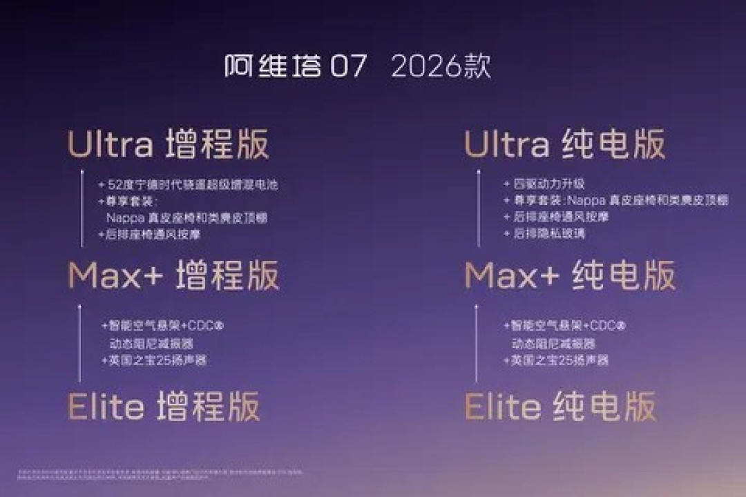 2026款阿维塔07预售开启，六款配置纯电增程双动力，未公布价格