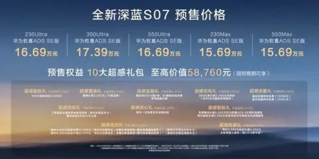 深蓝S07预售开启,五款配置15.69万元起,搭载华为乾崑智驾系统