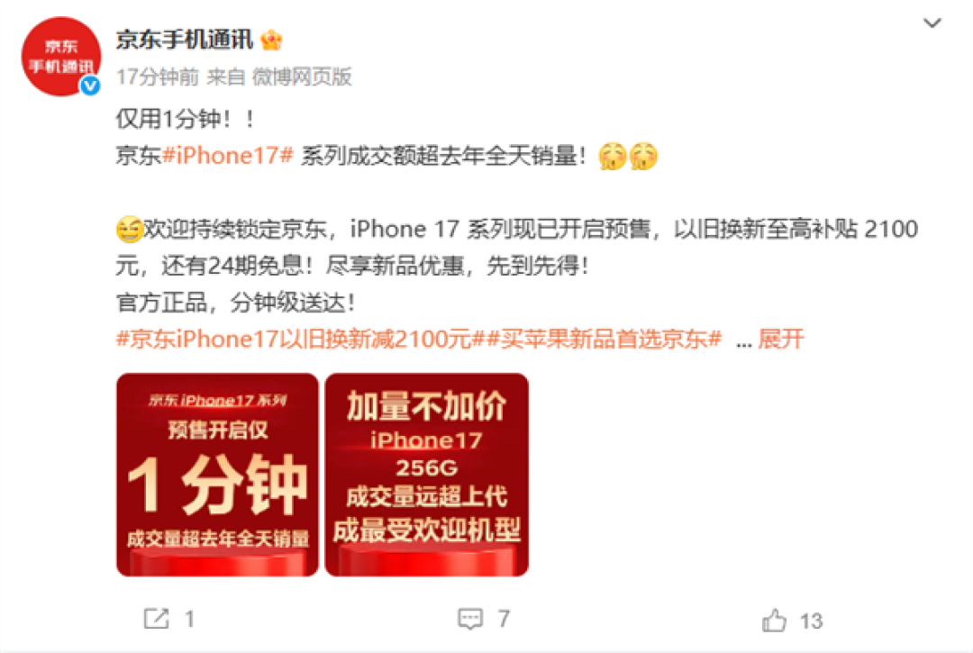 京东iPhone 17系列预售1分钟成交量超去年全天 标准版最受欢迎