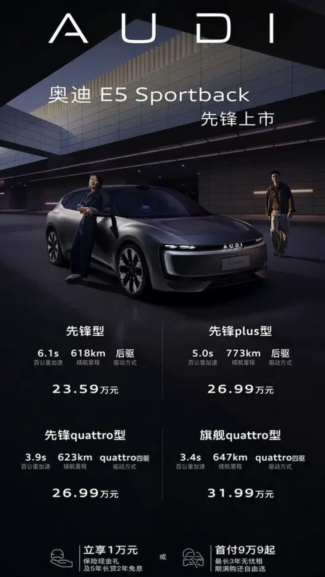 奥迪E5 Sportback上市，四款配置售价23.59万起，续航最高773公里