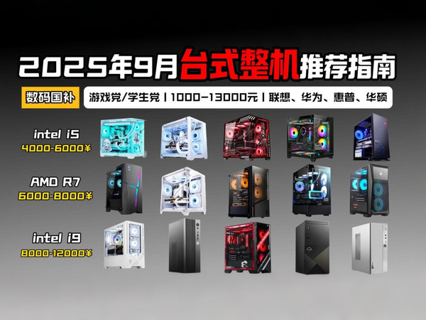 【台式整机】2025年9月高性价比台式电脑整机推荐，游戏/办公/家用/设计多种场景适用，联想、华硕、宏碁、惠普、雷神等品牌主机（小白必看）