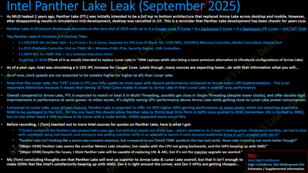英特尔 Panther Lake 顶配曝光:16 核 CPU + 45W TDP