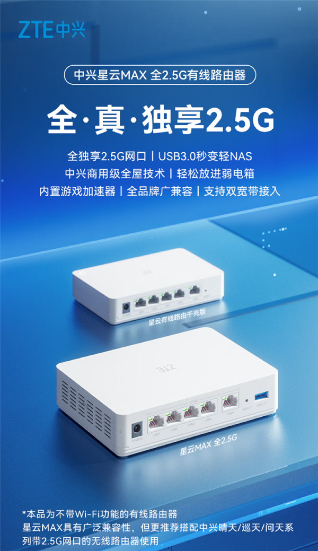 全2.5G网口+USB3.0！中兴推出星云晴天全2.5G有线主路由：269元