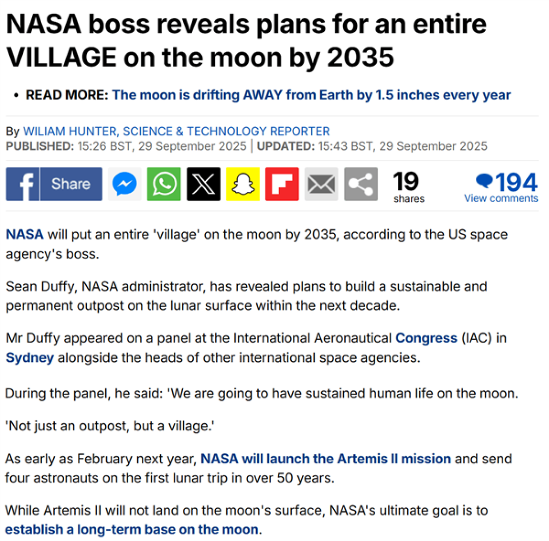 美国NASA局长:2035前将在月球上建一个村庄