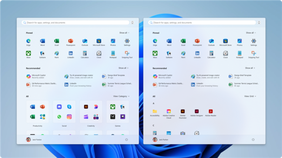迄今为止最大改动!微软推送全新Windows 11开始菜单:两种新视图