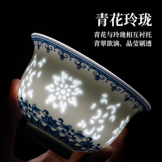 昌南旗舰店：景德镇青花瓷玲珑三才盖碗，一杯一盏藏尽千年瓷韵