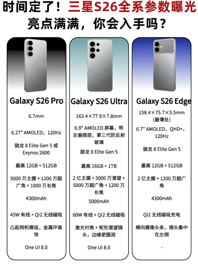 时间定了!三星S26全系参数曝光,亮点满满,你会入手吗?#新机曝光 #三星S26 #手机参数 #数码科技 #三星
Galaxy S26Pro、Galaxy S26Edge、Galaxy S26