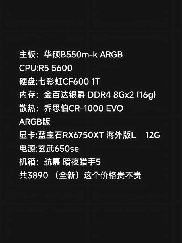 装机大佬看过来,这套配置值不值这个价??主板:华硕B550m-k ARGB
CPU:R5 5600
硬盘:七彩虹CF600 1T
内存:金百达银爵 DDR4 8Gx2 (16g)
散热:乔思伯CR-1