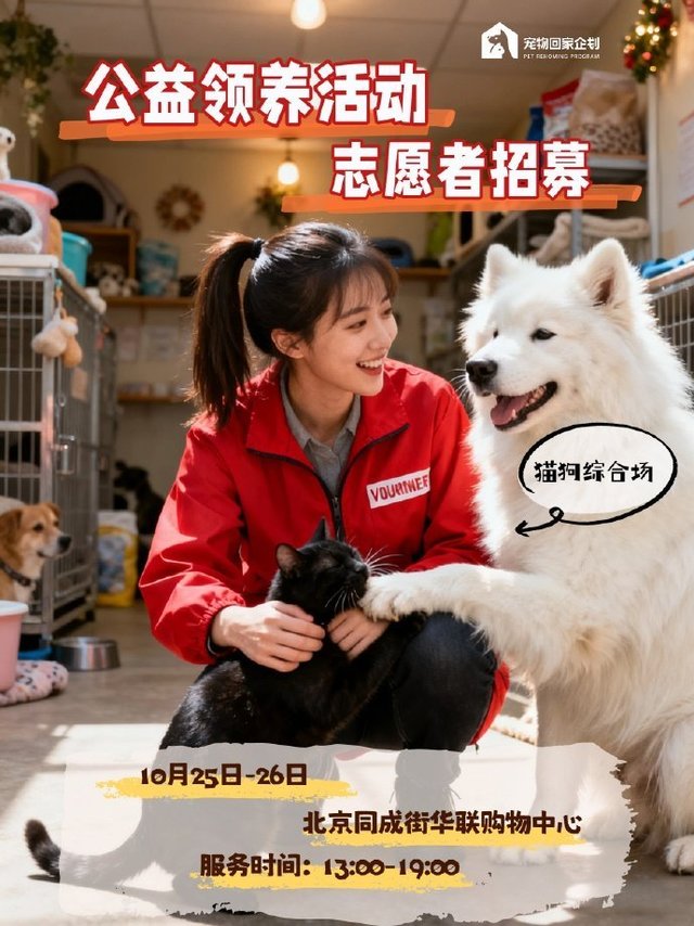 #京大爱# “宠物回家企划”公益领养志愿者招募盛大开启，诚邀每一位爱心人士共筑毛孩的归家梦！10月25日至26日，每日13:00-19:00，北京同成街华联购物中心的猫狗综合领养场，将成为爱与希望的集