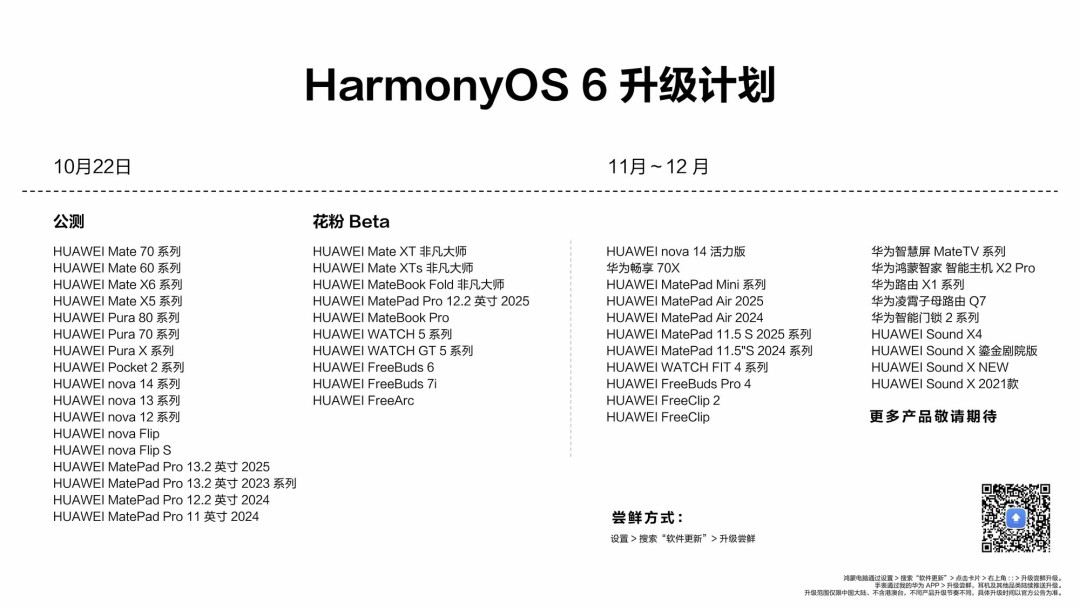 华为鸿蒙 6 升级计划公布:90 多款机型开放升级,多品类设备常用常新