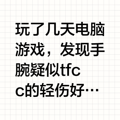 玩了几天电脑游戏，发现手腕疑似tfcc的轻伤好了大半，分析了一下应该是玩模拟类游戏，拿鼠标的手不需要受太大的力，也不用快速运动。而前段时间之所以很久没有康复进展，怕是因为……天天拿16pm打多邻国。。