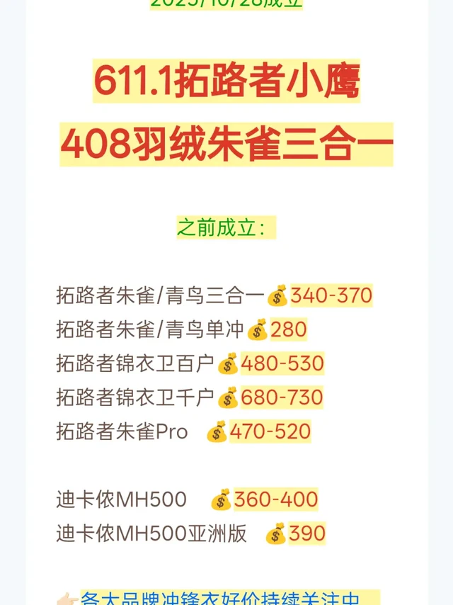 408的拓路者朱雀羽绒三合一怎么样?408拓路者羽绒朱雀三合一
611拓路者小鹰
拓路者朱雀/青鸟三合一360
拓路者朱雀Pro520
其他品牌冲锋衣也有好价
速度来蹲,30号第二波就来了,应该是最后