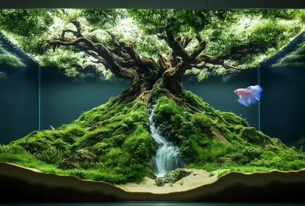 生命之树流沙小瀑布鱼缸造景效果 #鱼缸造景 #鱼缸里的大自然 #超白鱼缸 #草缸造景 #意境
