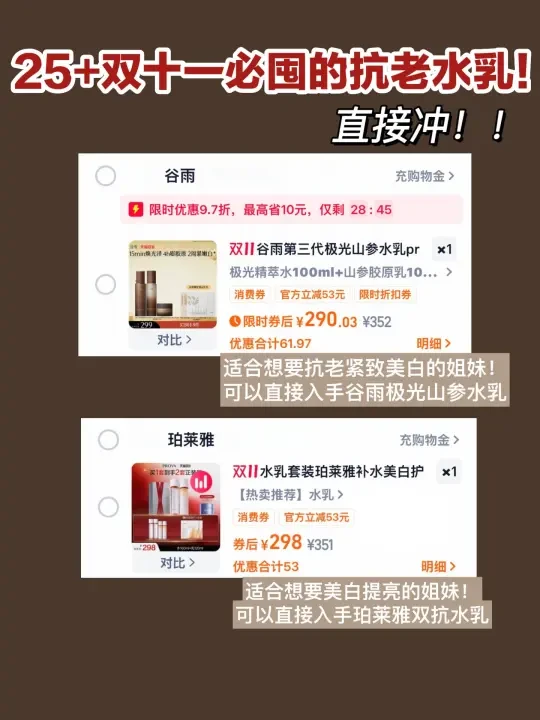 25+双十一必囤的抗老水乳…